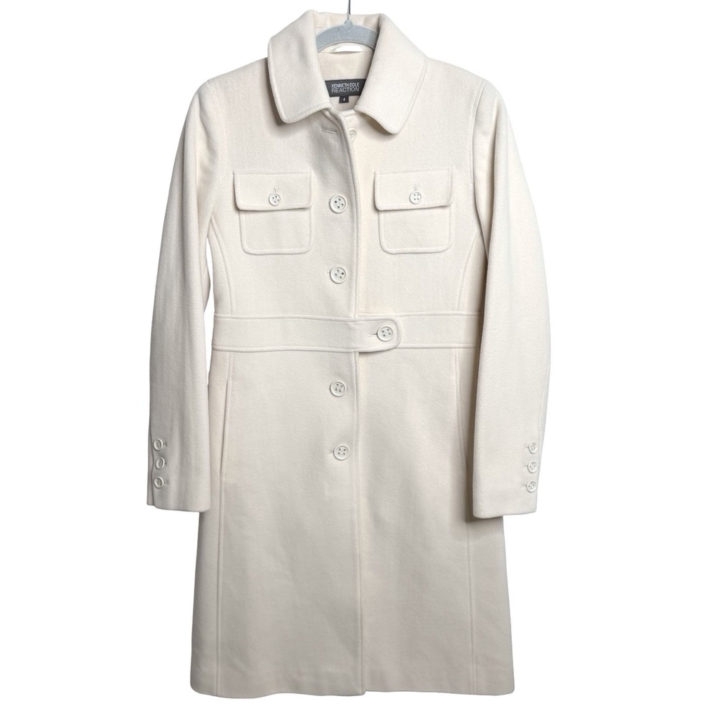 Kenneth Cole Reaction Wool Blend‎ Trench Pea Coat Winter White Women Size 4